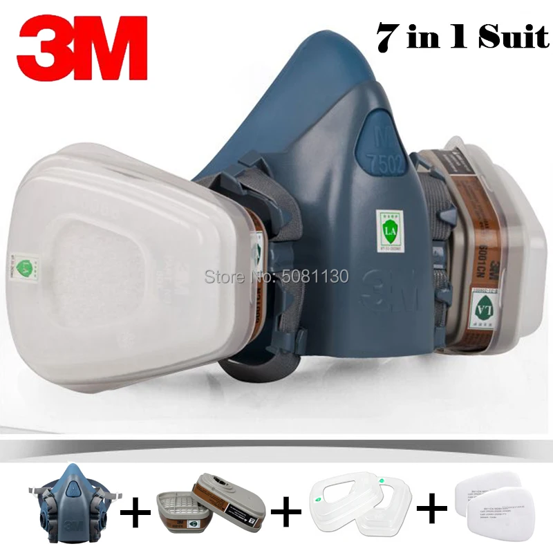 

3M 7502 Respirator Dust Gas Mask 7 in 1 Suit Industry Painting Spray With 501 5N11 6001CN Chemcial Half face Mask Accessories