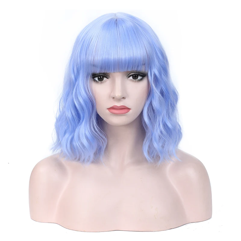 Perucas de Cabelo Sintético da Onda de Água com Franja Resistente ao Calor Peruca de Cabelo Curto Ondulado Fibra Cosplay Diário Preto Vermelho Azul Claro