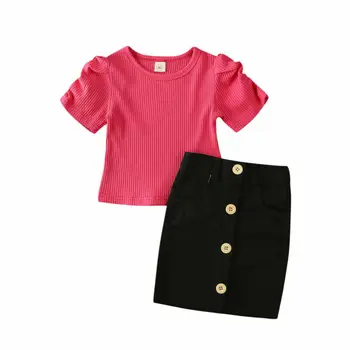 

2PCS Toddler Clothing Kids Baby Girl Tops T-Shirt Button Mini Skirt Outfits Clothes Summer Girls Sets Clothing