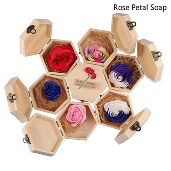 

1Set Rainbow Multi-colored Rose Flower Petal Soap Wooden Polygon Shape Box Party Valentine's Day Gift