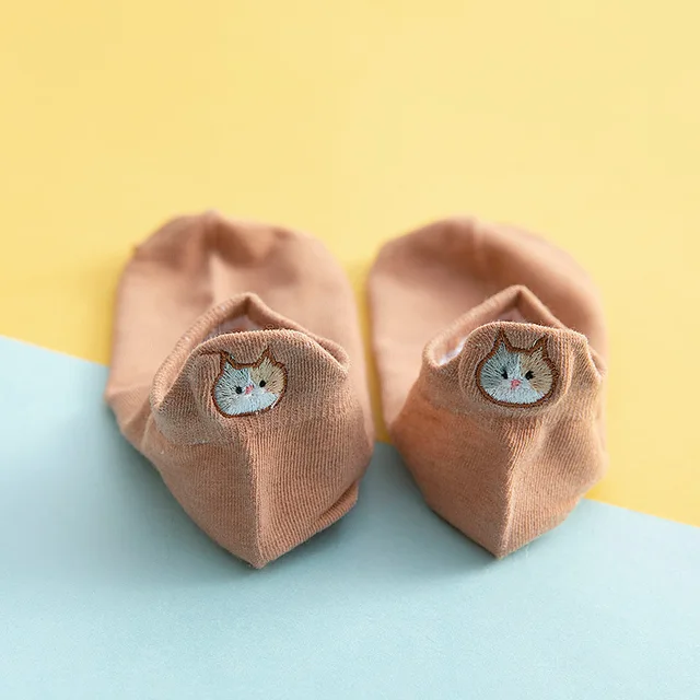 Anewmorn Cute Cat Cotton Boat Socks Woman's Embroidery Heel Ears Cartoon Socks Ins Fashion Kawaii Animal Girl Sokken coffee