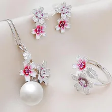 MeiBaPJ Настоящее серебро 925 проба розовый цветок ювелирный набор натуральный круглый жемчуг кулон кольцо и серьги Свадебные украшения для женщин
