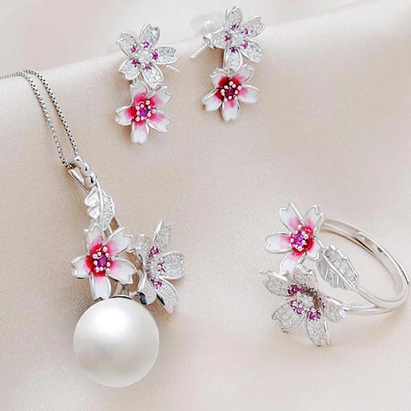 

MeiBaPJ Real 925 Sterling Silver Pink Flower Jewelry Set Natural Round Pearl Pendant Ring and Earrings Wedding Jewelry for Women
