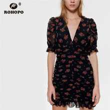 ROHOPO красное Пышное цветочное ДРАПИРОВАННОЕ гофрированное Черное Шифоновое Платье осеннее элегантное облегающее шикарное мини-платье#2261