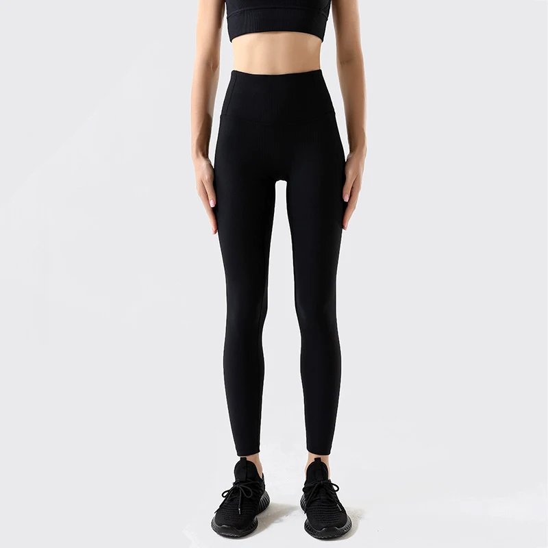 SOISOU Rib Fabric Gym Yoga Pants Leggings Women High Waist Tights Elastic Breathable Sports Leggings For Fitness Women's Pants