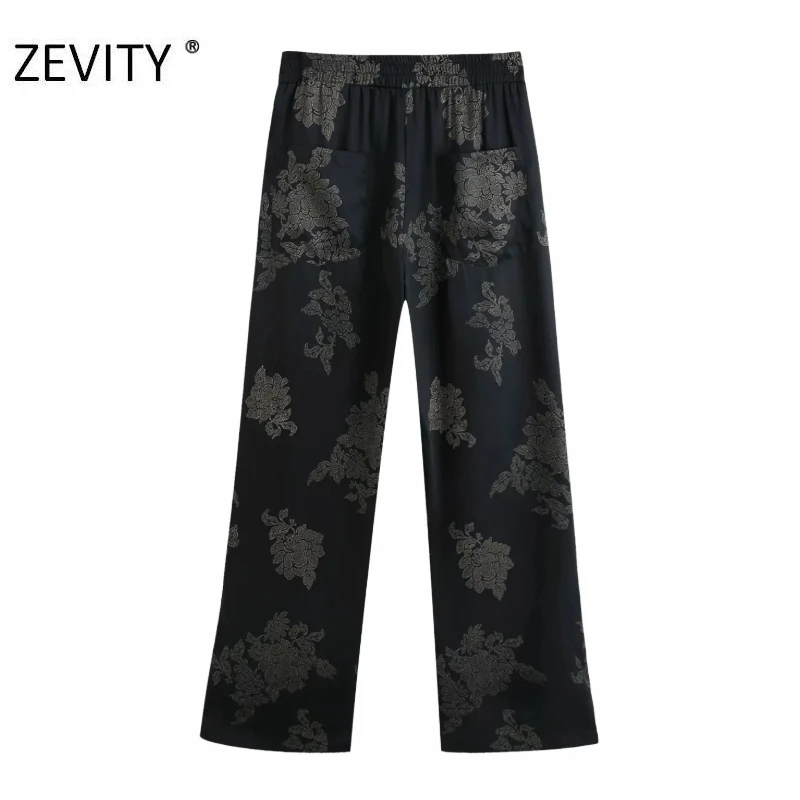 ZEVITY Women vintage flower print pockets patch straight pants female elastic waist pleats casual slim Trousers chic pants P934