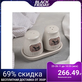

Set for spices "Ranch", 2 pcs: salt shaker, pepper shaker, on a ceramic stand, gray