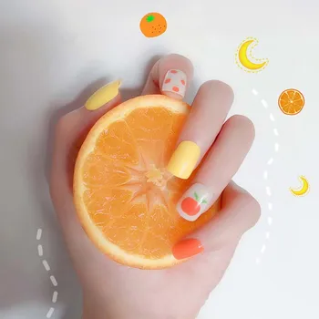 

24pcs faux nails Sweet Orange Fake Nail Art Stickers Women Beauty Manicure Fruit Pattern Square False Nail Patches with Glue
