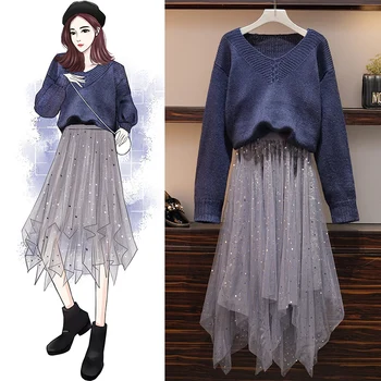 

Autumn Suit Winter New V Neck Pullover Sweater Irregular Skirt Two Pcs Clothing Set Knitted Outfit Plus Size L-4XL Casual Lady
