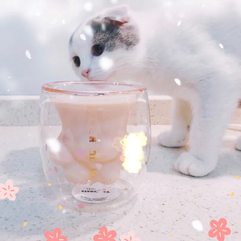 Кошачья лапа чашка Двойная стеклянная молочная чашка кофейная чашка кружка розовая вишня пивная кружка