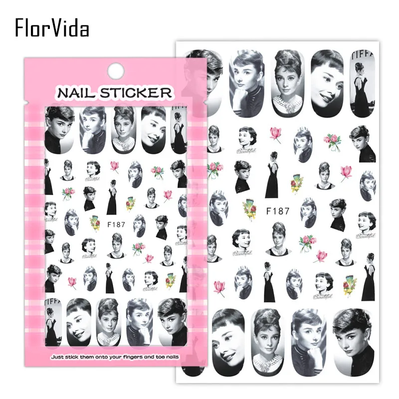 FlorVida F159-188 клей для ногтей наклейки с клеем на ногти Одри Хепберн милый дизайн для маникюра красоты ногтей - Цвет: F187