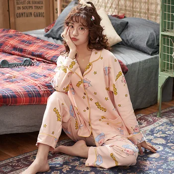 

QUEENX Pajamas Women's Cotton Long-Sleeved Autumn Japanese Sweet Loose Pants Korean-Style Leisure Tops Cute Two Piece Suit