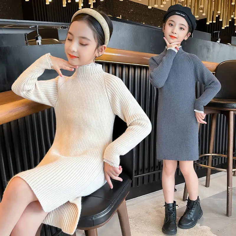 

Children Clothing Solid Color 2022 Autumn Winter Turtleneck Long Sleeve Dresses Kids Girls Fashion Style Lace Knitted Dress W239