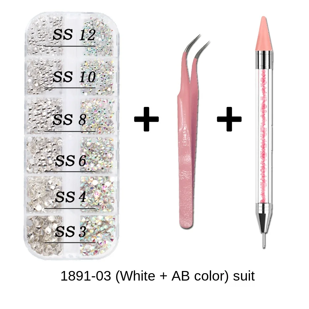 1Box Multi Size Glass Nail Rhinestones Mixed Colors Flat-back AB Crystal With tools 3D Charm Gems  Manicure Nail Art Decorations