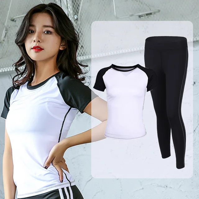 White 2Pcs set Женский комплект для йоги, наборы для бега, одежда для спортзала, фитнеса, Спортивная футболка, длинные штаны для бега, Обтягивающие Леггинсы для йоги и тренировок, спортивный костюм - Цвет: White 2Pcs set