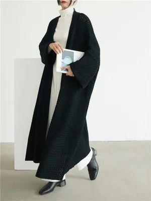 Новые модные женские длинные до середины икры Платья-свитера Тренч размера плюс открытый стежок с длинным рукавом теплые свободные свитера - Цвет: Черный