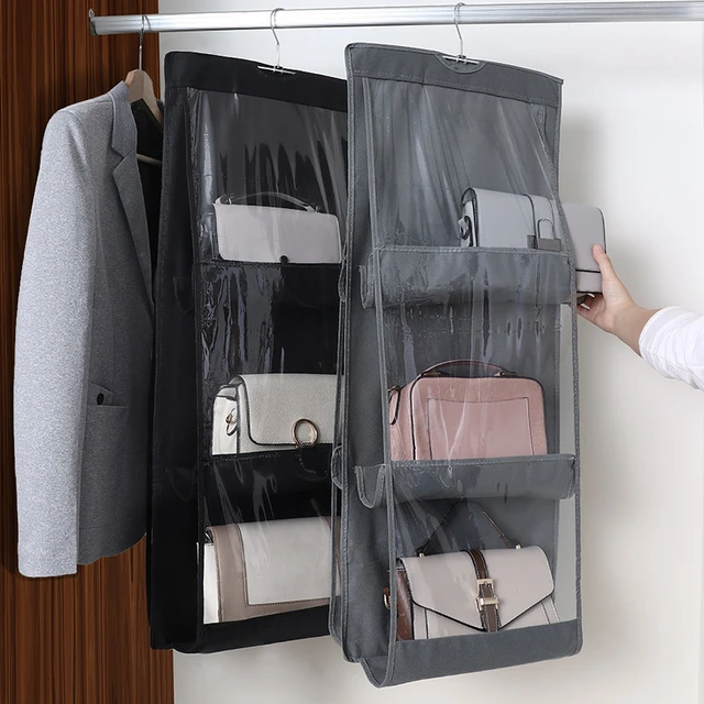 6 Pockets Hanging Closet Organizer Clear Foldable Handbag Purse Storage Bag