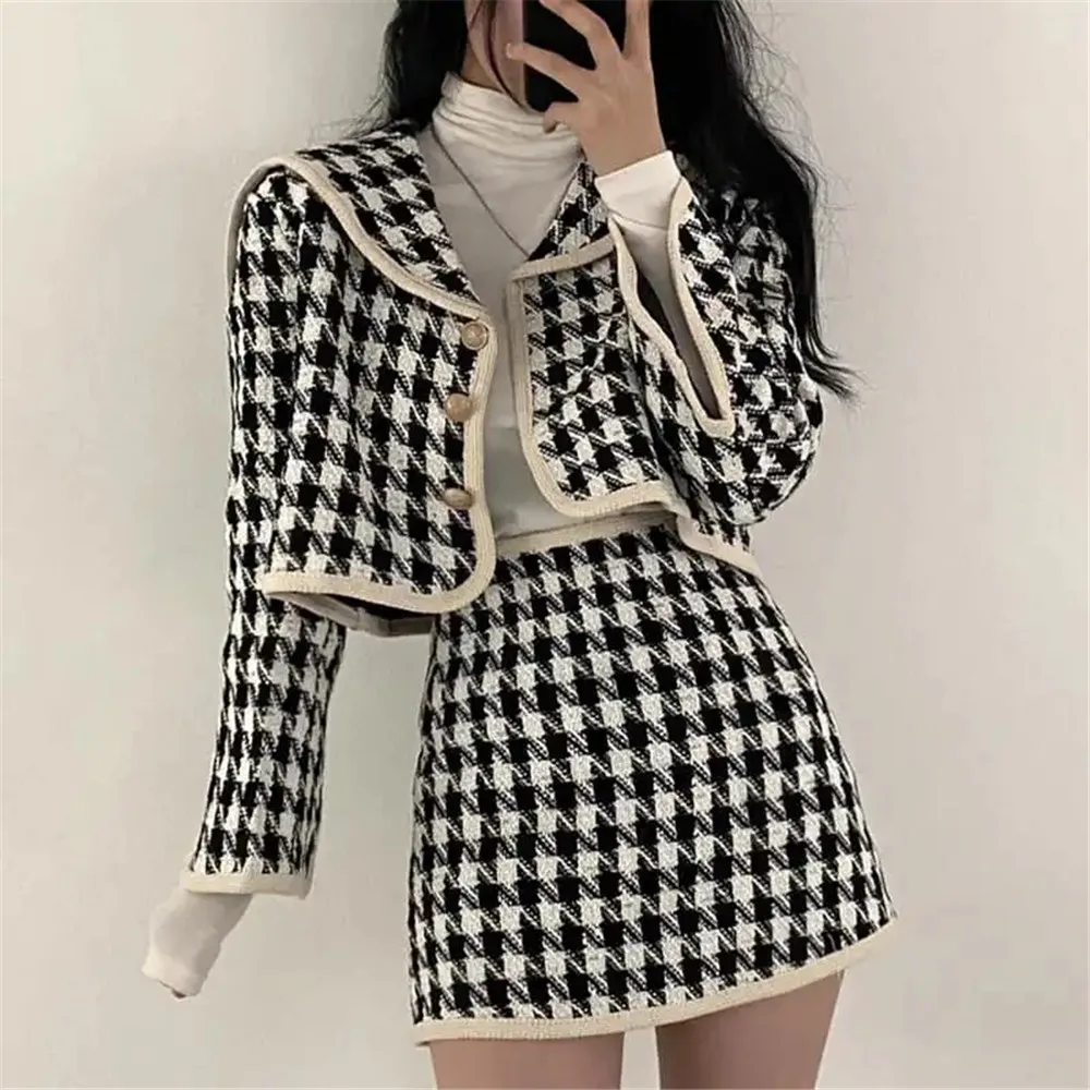 Vintage Houndstooth 2pcs Set Women Navy Collar Tweed Mini Bodycon Skirt ...