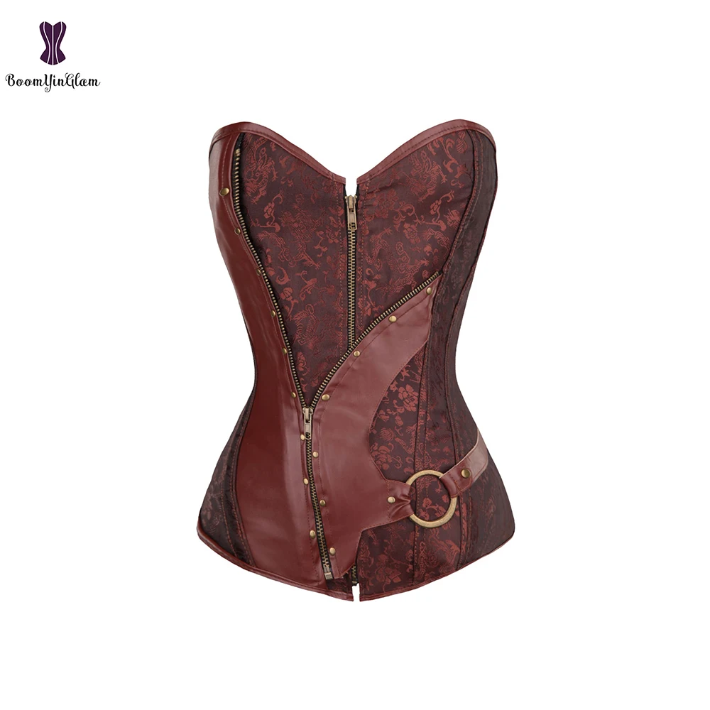 

Women Gothic Overbust Corset Brown Steampunk Waist Bustier Top Front Zipper Basques Corselet