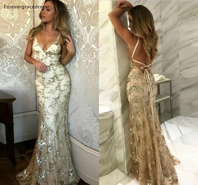 Bling Champagne Sequins Long Evening Dresses Criss Cross Backless 2018 Formal Celebrity Pageant Gowns Spaghetti Straps Sexy Prom Party Gown 119