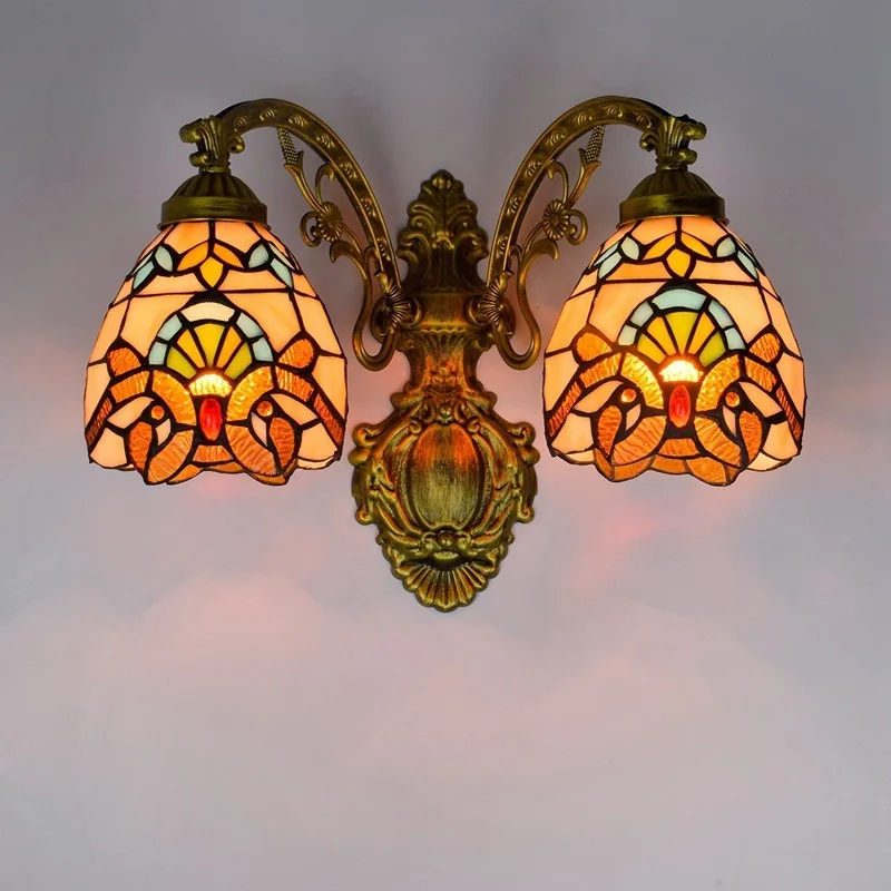

European retro corridor double head wall lamp American Baroque colored glass bar restaurant colored glass lamp