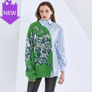 

Hit Color Sequined Loose Blouse Female 2020 Autumn Clothes Print Shirt For Women Lapel Collar Long Sleeve Patchwork
