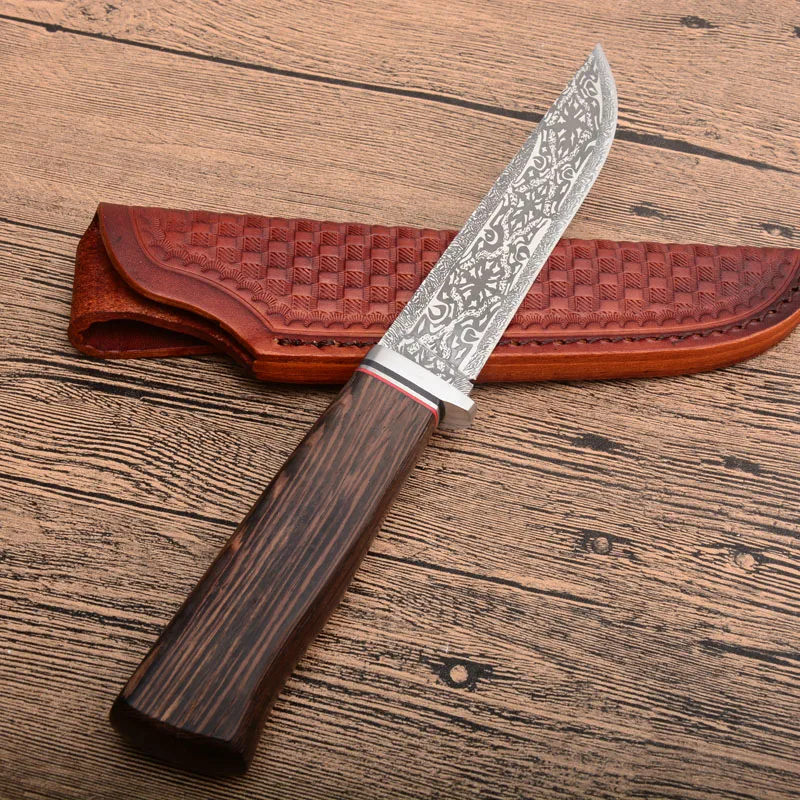 Классический уличный охотничий нож с фиксированной спинкой, VG-10, прямой нож с деревянной ручкой для кемпинга, рыбалки, Военный нож для выживания, оболочка
