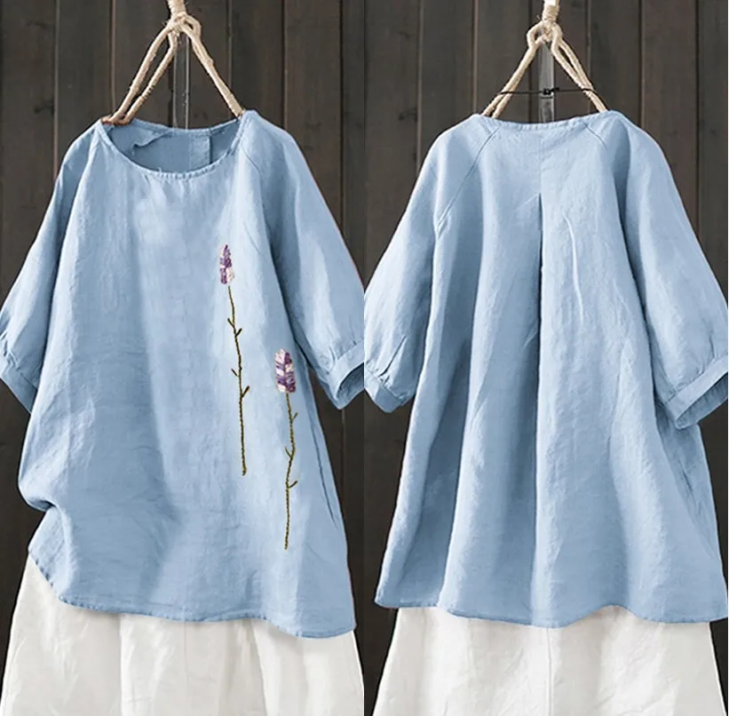 

Women's Embroidery Blouse 2019 Vintage Linen Tops Female O Neck Short Sleeve Tee Shirts Woman Tunic Chemise Oversized Work Blusa