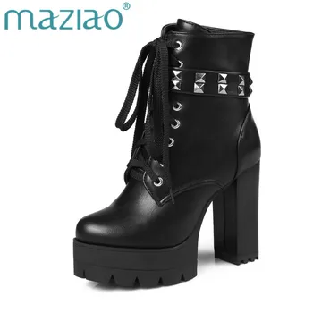 

MAZIAO 2018 Rivet Motorcycle Boots Autumn Winter Ladies Shoes Thick High Heels Round Toe Platform Lace Up Ankle Boots for Woman