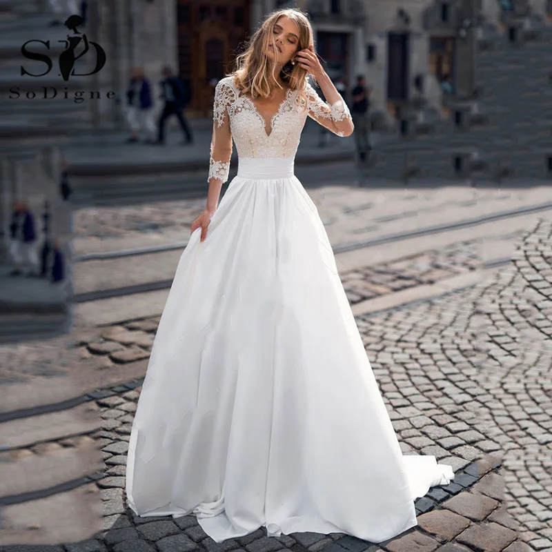 SoDigne Boho Wedding Dress Lace Appliques V Neck Half Sleeves Modern Bridal Beach Satin Simple Gowns | Свадьбы и торжества