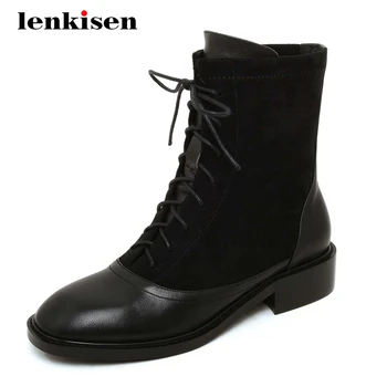 

Lenkisen 2020 winter new boots genuine leather patchwork thick med heel round toe lace up beauty lady dress cozy ankle boots L12