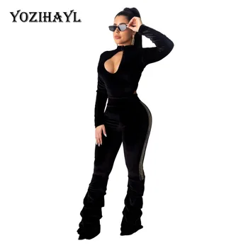 

Women Sexy Slim Jumpsuit Long Sleeve Hollow Out Halter Bodycon Streetwear Overalls Bodysuit Combinaison Femme Romper Black