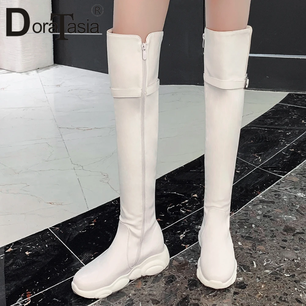 

DORATASIA Plus Size 29-46 New Fashion Belt Buckle Over The Knee Boots Ladies Wedges Shoes Woman INS Hot Thigh High Boots Women
