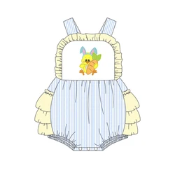 Vêtements d'été pour filles, barboteuse à rayures verticales bleues, sans manches, motif brodé, canard de pâques, câlin, carotte, pour tout petits 