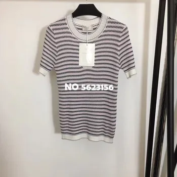 

2020 Spring Summer Women Striped Short Sleeve Office Lady Sweaters Shirts O-Neck Pullover Women Sweater Knitted Top High-end