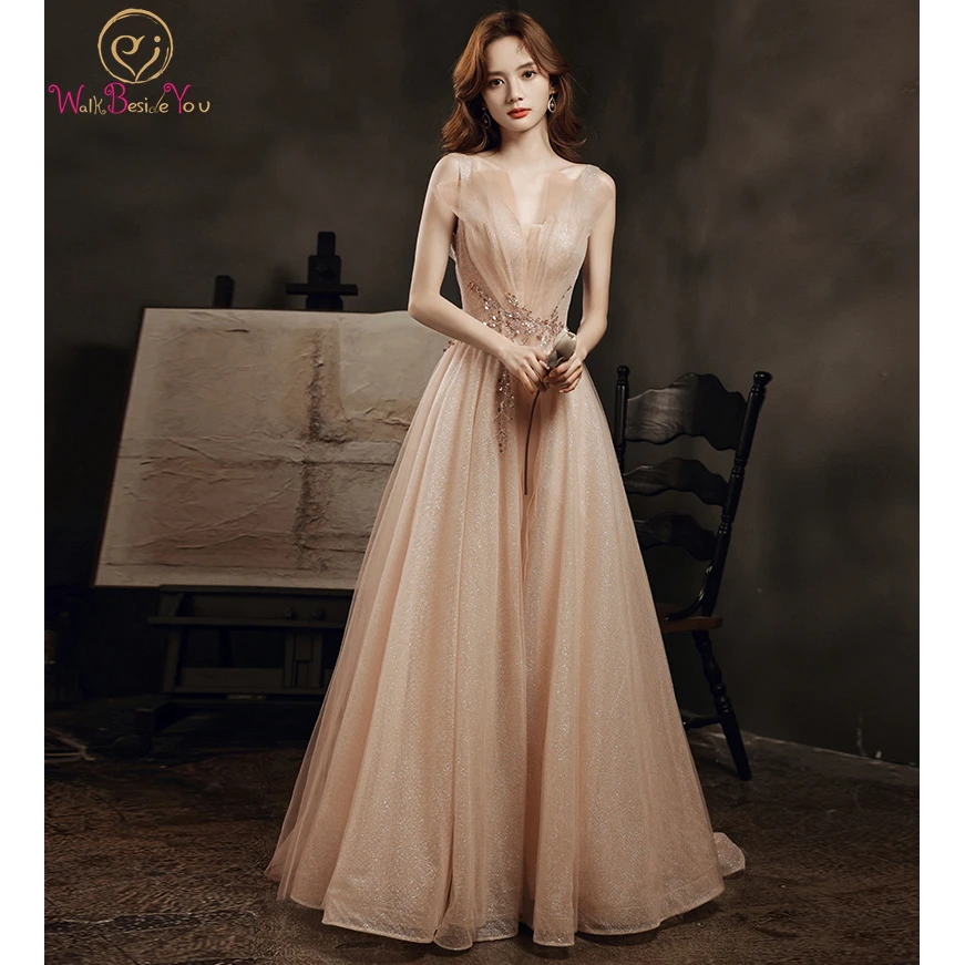 

vestidos de graduation Champagne Bling Prom Dresses V Neck A Line Sparkle Long Evening Dresses Woman Party Night Formal Wear