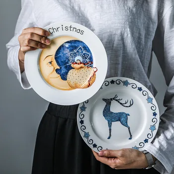 

Merry Christmas Deer Dinner Plates Fine Bone China Kitchen Utensils Restaurant Dining Table Dinnerware Ceramic Deer Dish Plate