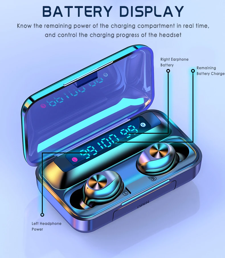 F9 TWS Touch Wireless Bluetooth 5 0 Headphone In ear Noise Canceling Bluetooth Earphone LED Display Charging Box for iphone