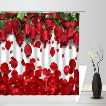 

Red Rose Shower Curtain Set Bathroom Decor With Hooks Washable 71\"x71\" Shower Curtains Morden Style