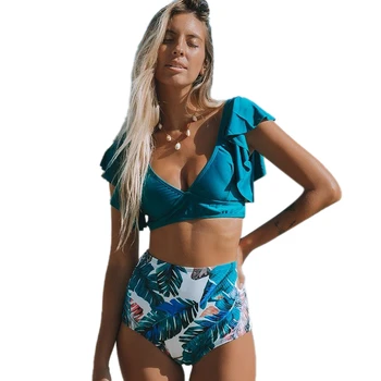 

New Hot Women's High Waist Ruffled Bikini Two-Piece Split Swimsuit Beachwear Floral Sexy Deep V-Neck Swimsuit