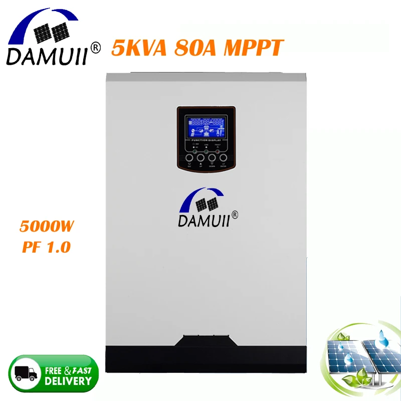 DAMUII 5KVA Solar Inverter 5000W MPPT 80A Hybrid Inverter Off-Grid System Pure Sine Wave Inverter 230Vac 48Vdc Battery 120V-500V