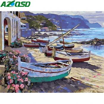 

AZQSD Unframe DIY Oil Painting By Numbers Seaside Landscape Handmade Gift Coloring By Numbers Boat On Canvas Home Decoration