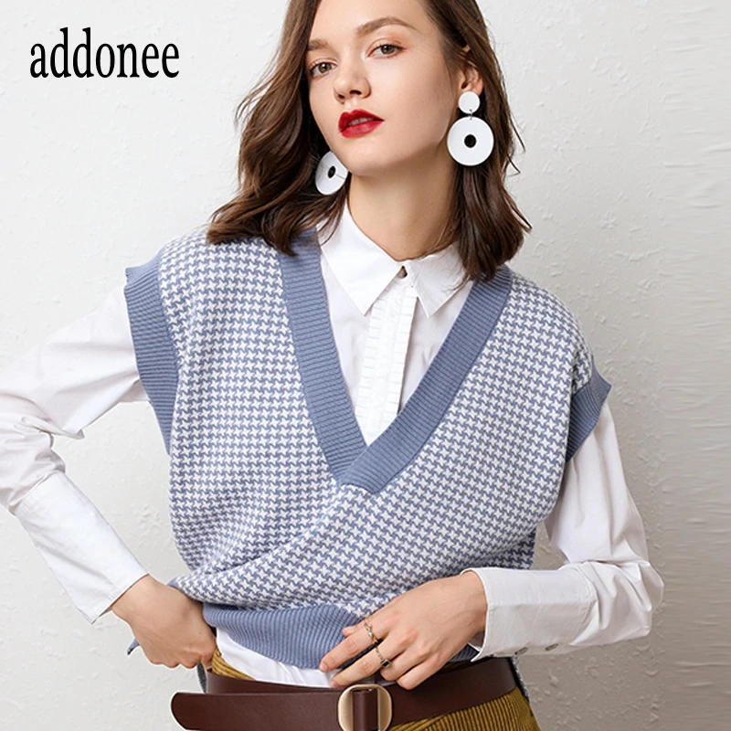 

England Style Houndstooth Pattern Fashion Loose Spring Autumn Winter Cashmere Knit V-Neck Women Female Sweater Vest Casual Sexy