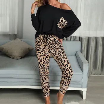 

Leopard Print Silk Pajamas For Women 2020 Autumn Fashion Long Sleeve O Neck Sleepwear Female Home Clothes Nightwear Pajama