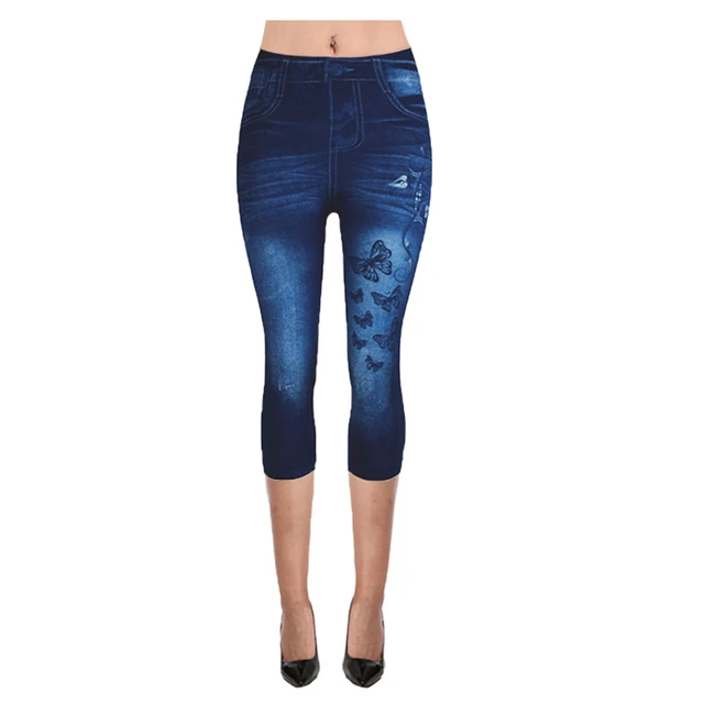 PANTALON,3-4 Faux jean Leggings femmes taille haute élastique