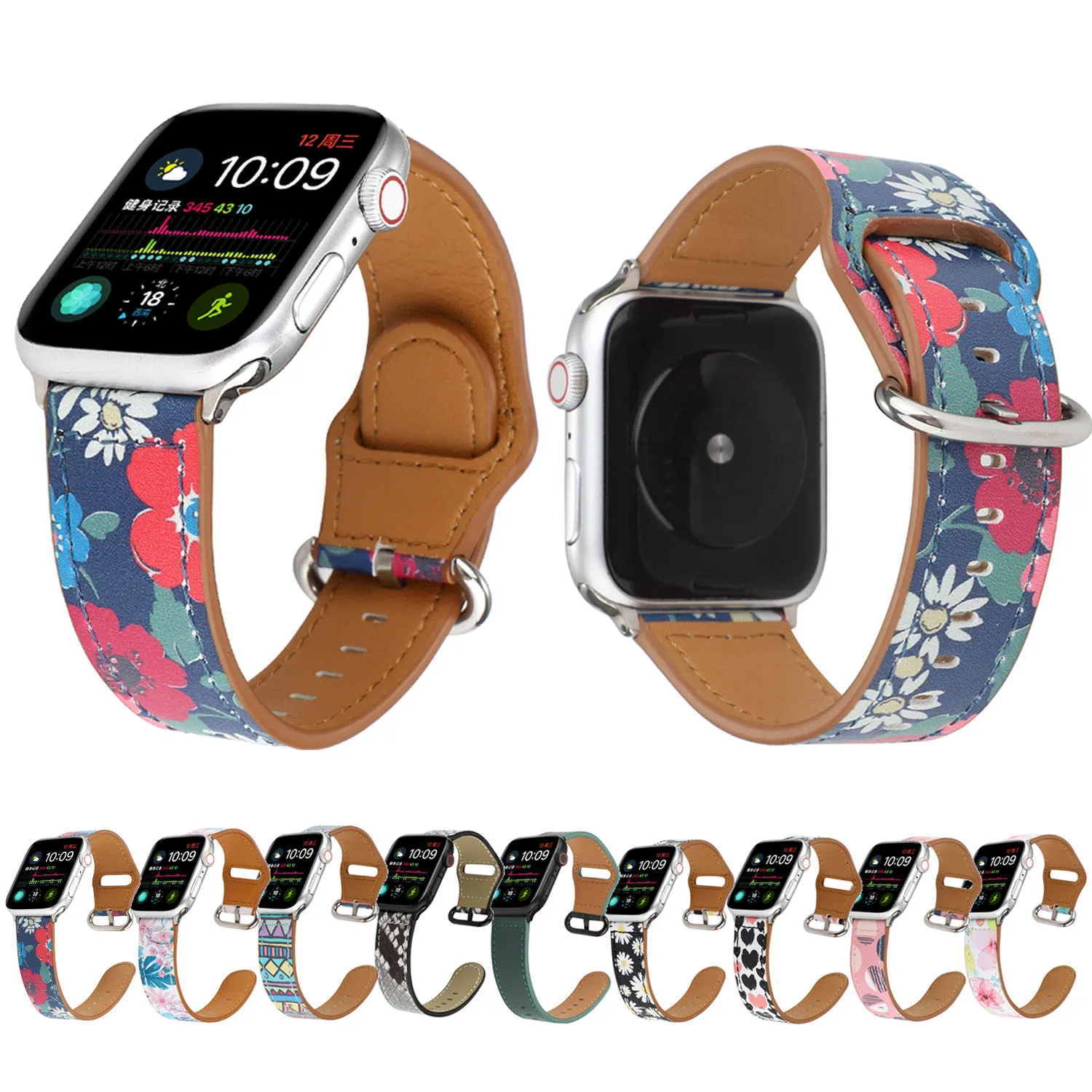 Кожаный ремешок с цветочным принтом для наручных часов iWatch 4/5 40 мм 44 Apple Watch 42 38