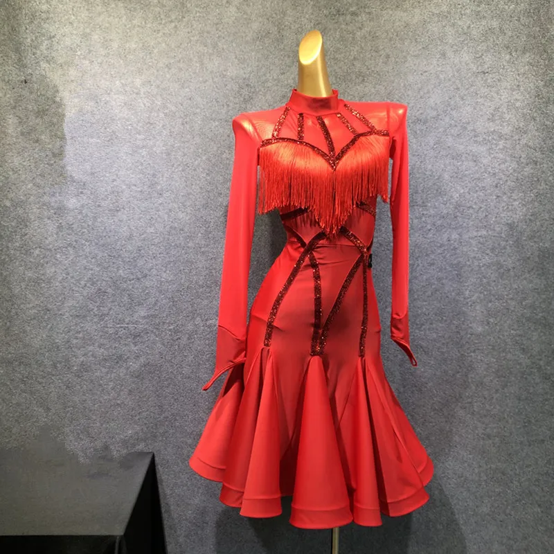 Женское платье для латинских танцев, Vestido Flecos, с кисточками, Фламенго, Румба/Танго/Сальса, конкурентное черное, красное, латинское платье, новинка - Цвет: red