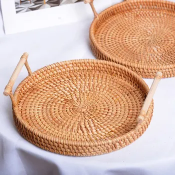 

Rattan Bread Storage Baskets Round Hand-Woven Tea Tray With Iron Handles Serving Dinner Parties Coffee Home Organization