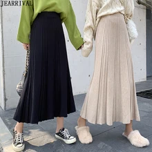 Зимняя женская теплая длинная юбка эластичная высокая талия однотонная трикотажная повседневная юбка в складку расклешенная Толстая черная юбка Faldas