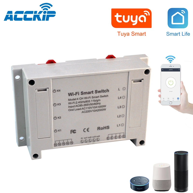 

ACCKIP Wifi Smart Switch 4 Gang Four Channel Remote Wifi Light Switch Control 4 Devices DIY Install Work with Alexa